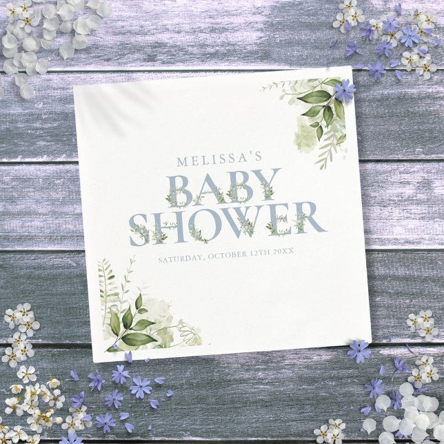 Greenery Foliage Boy Dusty Blue Baby Dusche Serviette (Greenery Foliage Boy Dusty Blue Baby Shower Napkins)