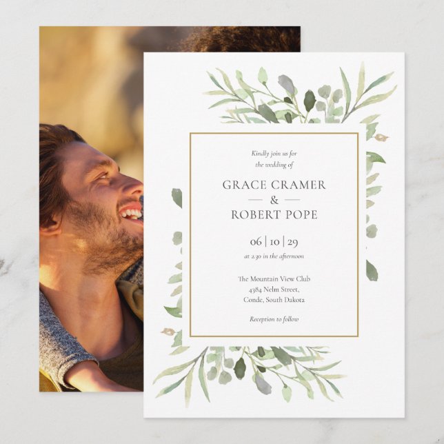 Greenery Foliage Gold Geometric Foto Wedding Einladung (Vorne/Hinten)