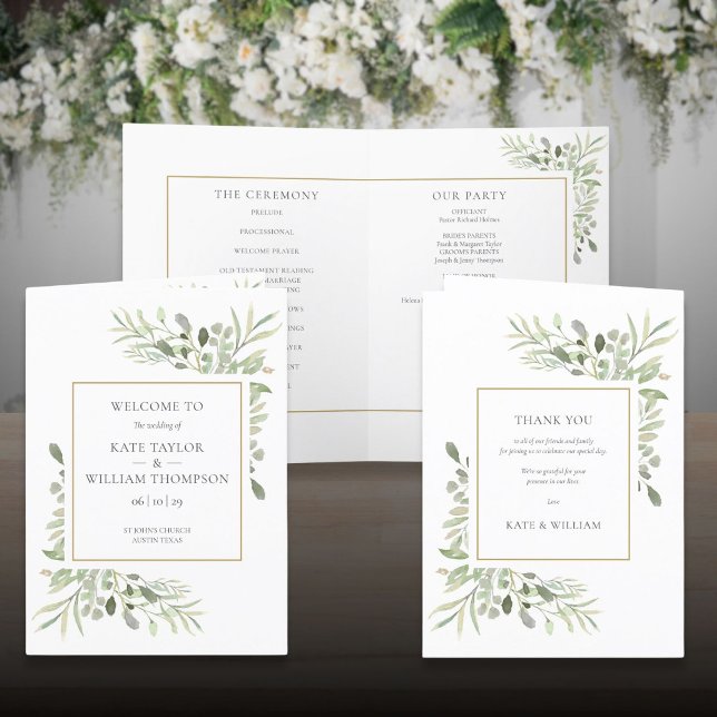 Greenery Foliage Gold Geometric Wedding Programm (Greenery Foliage Gold Geometric Wedding Program)