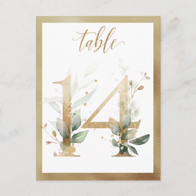 Greenery Foliage Gold Tischnummern, Tabelle 14 Kar Postkarte (Vorderseite)