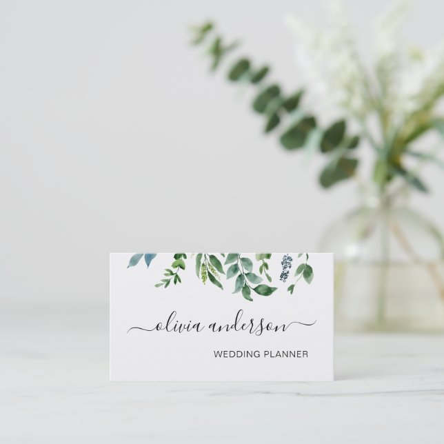 Greenery Foliage Hochzeitsplaner Elegant Moderne Visitenkarte (Stehend Vorderseite)
