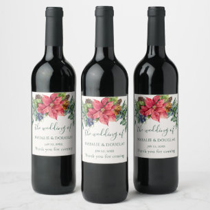 Greenery Foliage Poinsettia Wedding Weinetikett