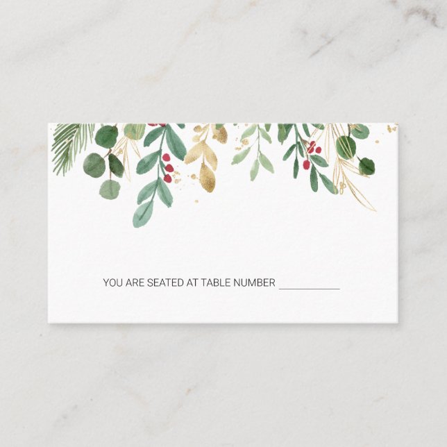 Greenery Foliage Red Berry Christmas Place Platzkarte (Vorderseite)