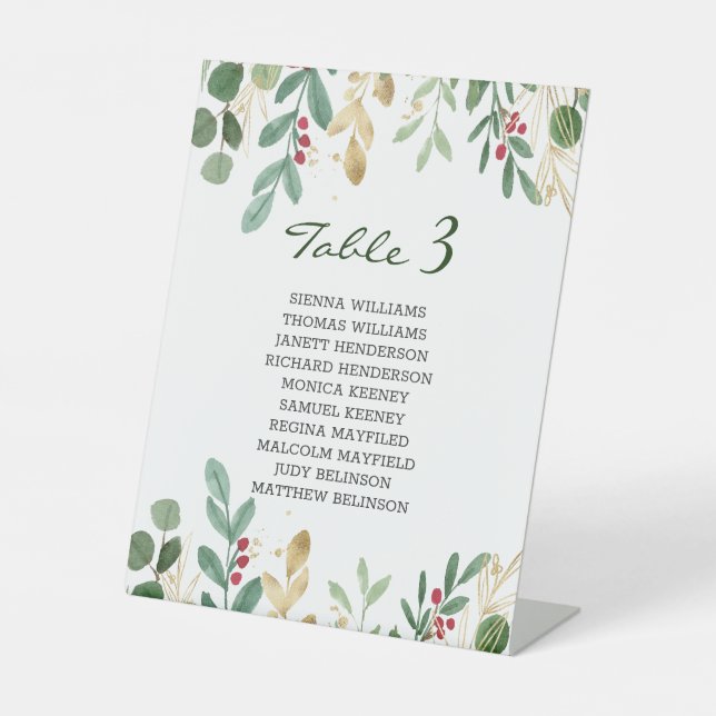 Greenery Foliage Red Berry WeihnachtsWedding Sockelschild (Vorderseite)