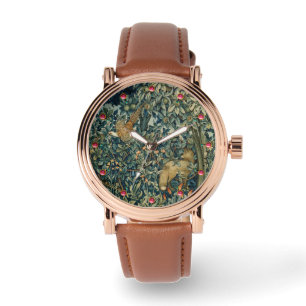 GREENERY,FOREST ANIMALS Pheasant ,Fox,Green Floral Armbanduhr