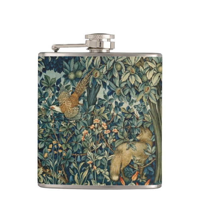 GREENERY,FOREST ANIMALS Pheasant ,Fox,Green Floral Flachmann (Vorderseite)