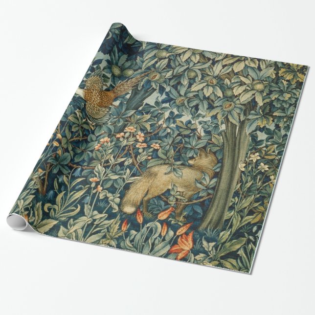 GREENERY,FOREST ANIMALS Pheasant ,Fox,Green Floral Geschenkpapier (Ungerollt)