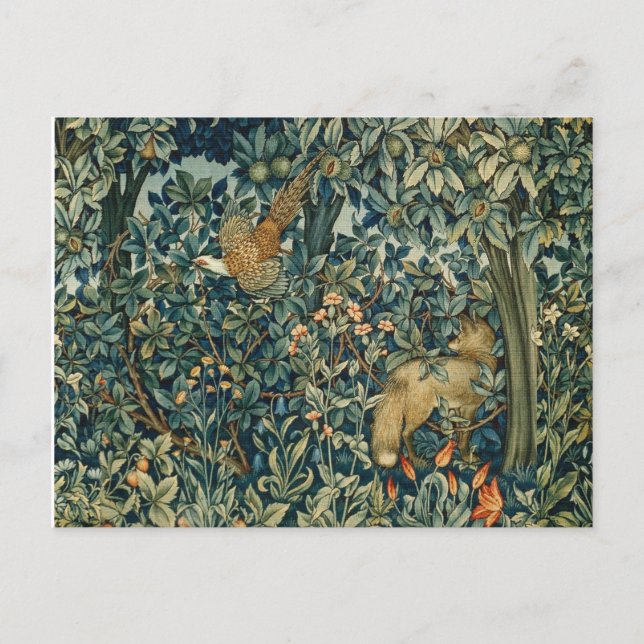 GREENERY,FOREST ANIMALS Pheasant ,Fox,Green Floral Postkarte (Vorderseite)
