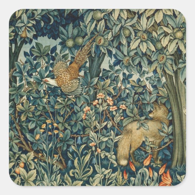 GREENERY,FOREST ANIMALS Pheasant ,Fox,Green Floral Quadratischer Aufkleber (Vorderseite)
