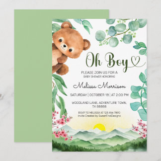 Greenery Forest Bear Wild Cub Baby Boy Shower Einladung