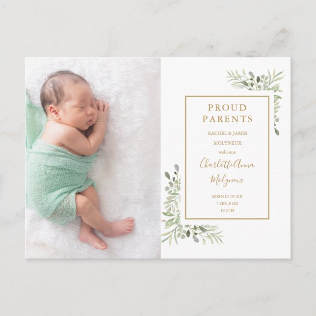  Greenery Foto Baby Birth Ankündigung Vielen Dank  Postkarte (Vorderseite)