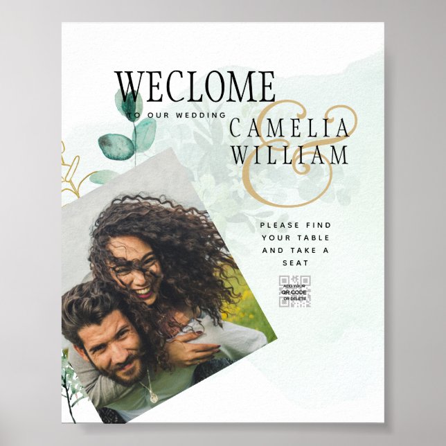 Greenery FOTO Wedding WELCOME Sign BUDGET Poster (Vorne)