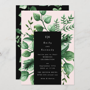 Greenery Fresh Leaf Moderne Black Pink Wedding Einladung