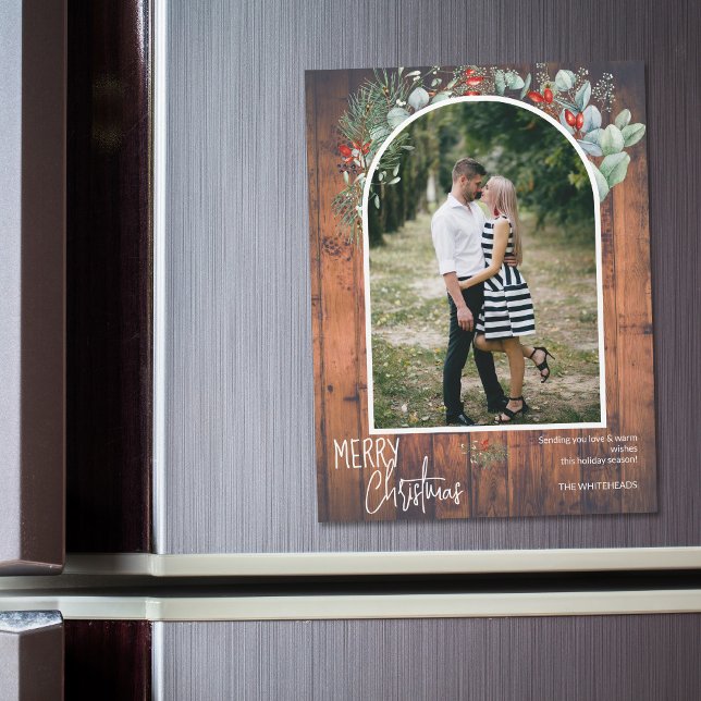 Greenery Frory Christmas Arch Foto Cherry Wood Magnetkarte (You will love these beautiful Christmas cards! They feature botanical watercolor pine and berries.)