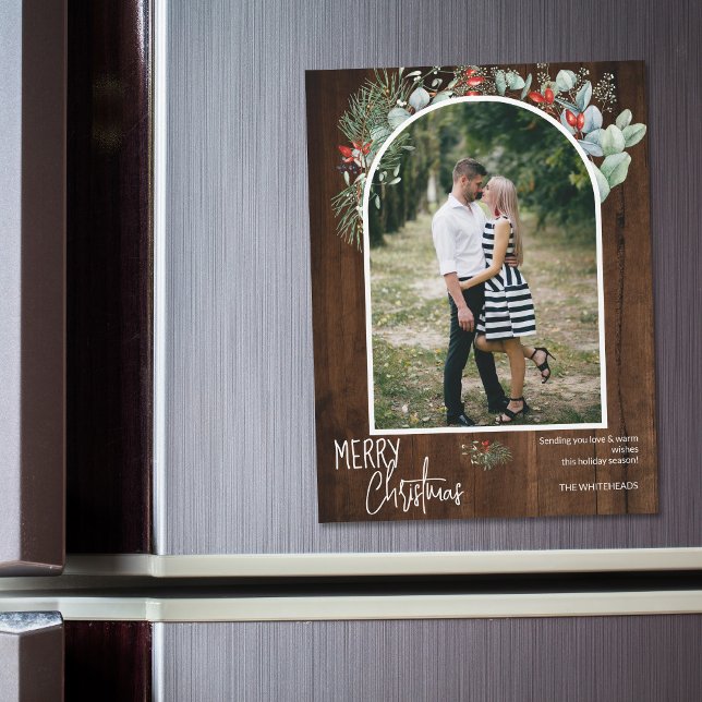 Greenery Frory Christmas Arch Foto Dark Wood Magnetkarte (You will love these beautiful Christmas cards! They feature botanical watercolor pine and berries.)