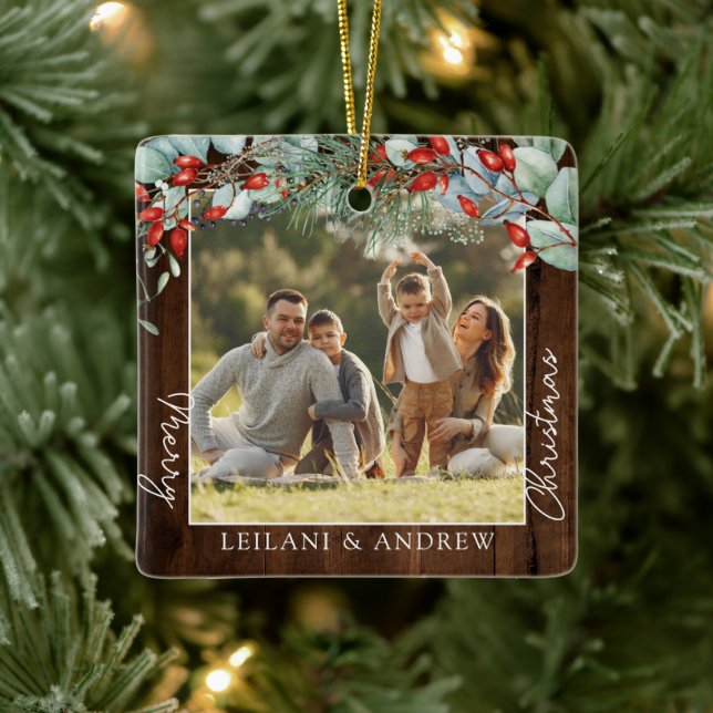 Greenery Frory Christmas Foto Dark Wood Keramikornament (Baum)