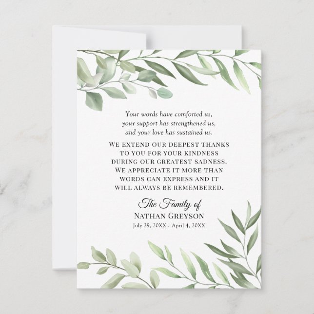 Greenery Funeral Beileid Vielen Dank Note Card Dankeskarte (Vorderseite)
