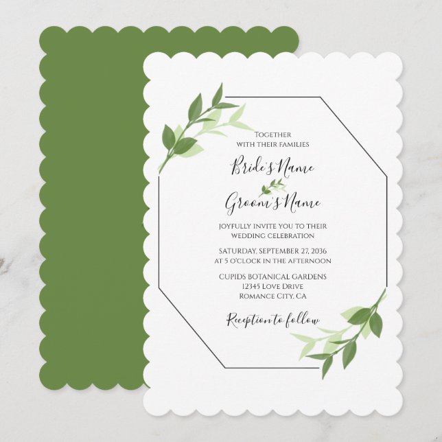 Greenery Garden Blätter Rahmen Hochzeitseinladunge Einladung (Vorne/Hinten)