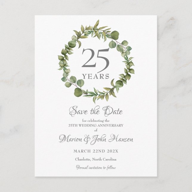 Greenery Garland 25 Jahre Save the Date Postkarte (Vorderseite)