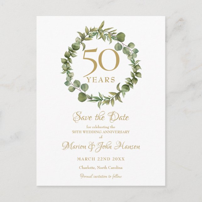 Greenery Garland 50 Jahre Save the Date Ankündigungspostkarte (Vorderseite)