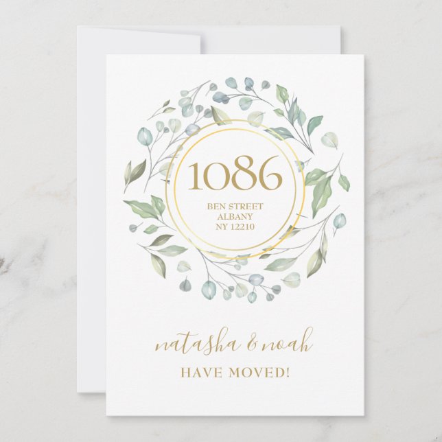 Greenery Garland Gold Neue Adresse Ankündigung (Vorderseite)