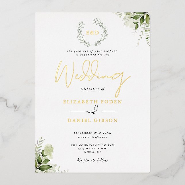 Greenery Garland Monogram Wedding Gold Folieneinladung (Vorderseite)