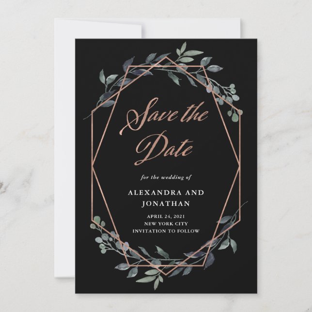 Greenery Geo Black | Rose Gold Save The Date (Vorderseite)