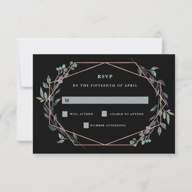 Greenery Geo Black | Rose Gold Wedding RSVP (Vorderseite)