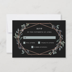 Greenery Geo Black Rose Gold Wedding RSVP Karte