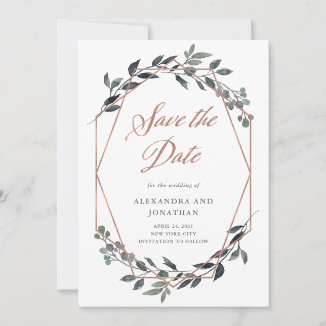 Greenery Geo | Rose Gold Foto auf der Rückseite Save The Date (Vorderseite)