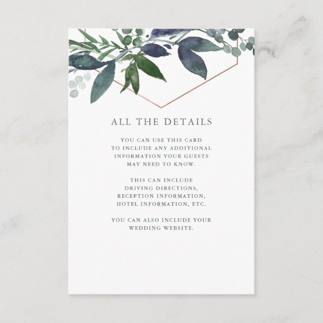 Greenery Geo | Rose Gold-Hochzeiten Details Begleitkarte (Vorderseite)