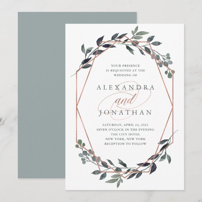 Greenery Geo | Rose Gold Wedding Einladung (Vorne/Hinten)