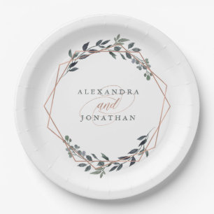 Greenery Geo   Rose Gold Wedding Pappteller