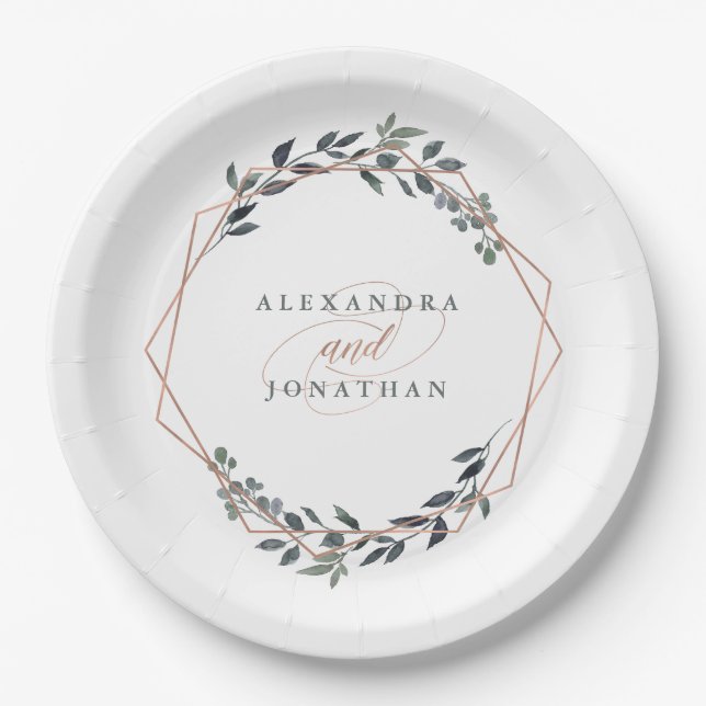 Greenery Geo | Rose Gold Wedding Pappteller (Vorderseite)