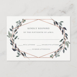 Greenery Geo Rose Gold Wedding RSVP Karte