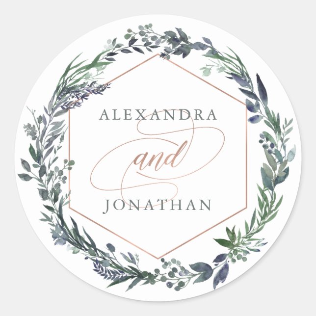 Greenery Geo | Rose Gold Wedding Runder Aufkleber (Vorderseite)