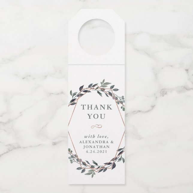 Greenery Geo | Rose Gold Wedding Vielen Dank Flaschenanhänger (Vorderseite)