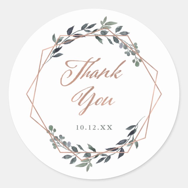 Greenery Geo | Rose Gold Wedding Vielen Dank Runder Aufkleber (Vorderseite)