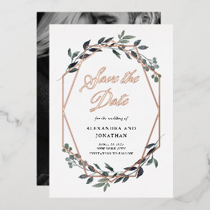 Greenery Geo Weiß Rose Gold Save The Date Folieneinladung