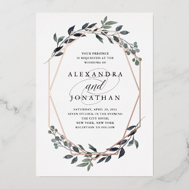 Greenery Geo White | Rose Gold Wedding Folieneinladung (Vorderseite)