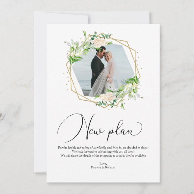 Greenery Geometric New Plan Elopement Empfang Einladung (Vorderseite)
