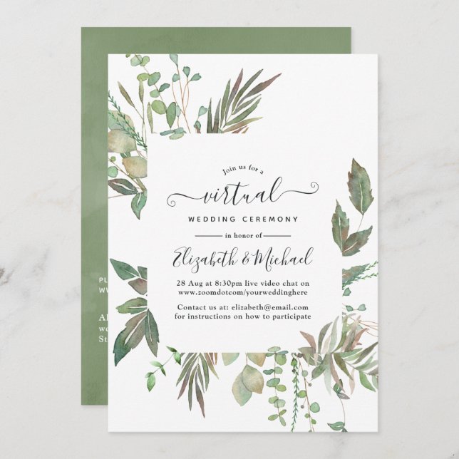Greenery Geometric Online Virtual Wedding Einladung (Vorne/Hinten)