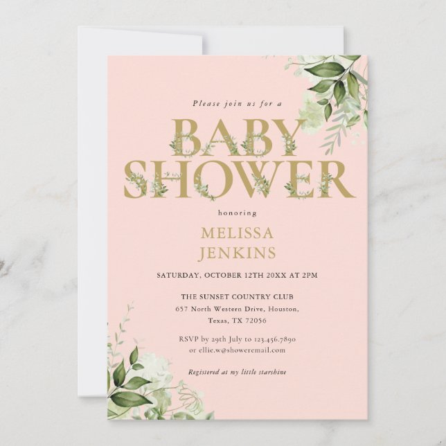Greenery Girl Blush Pink Gold Letter Baby Dusche Einladung (Vorderseite)