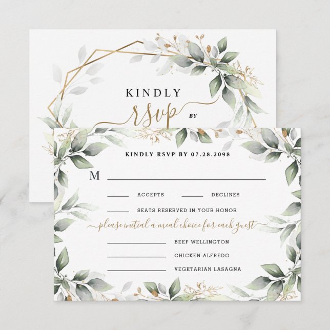 Greenery & Gold 3 Drei Mahlzeiten Auswahl Rustikal RSVP Karte (Vorne/Hinten)