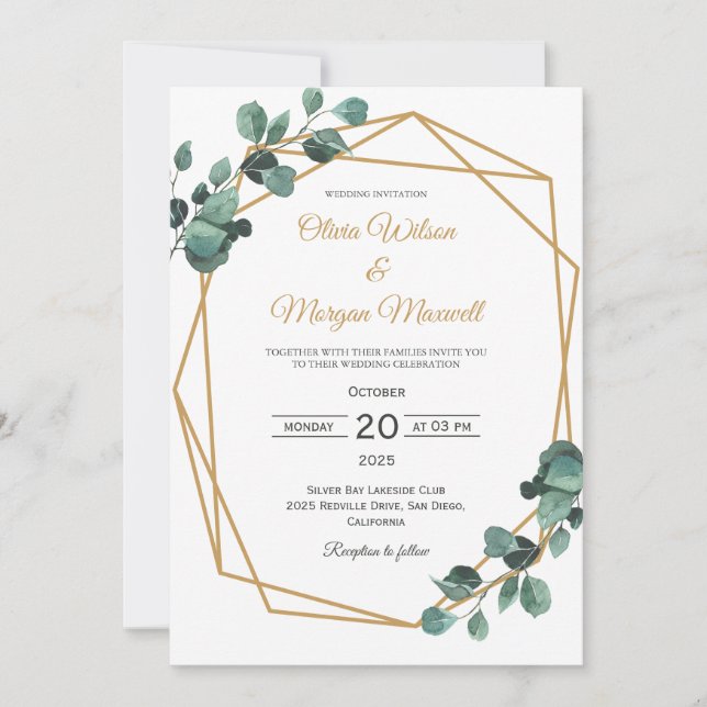 Greenery Gold Arch Geometric Wedding Einladung (Vorderseite)