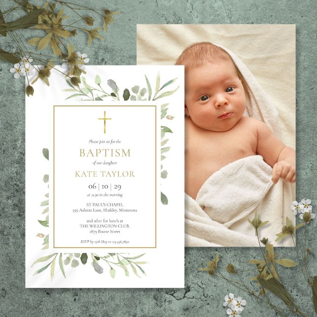 Greenery Gold Baptism Christening Foto Einladung (Greenery Gold Baptism Christening Photo Invitation)