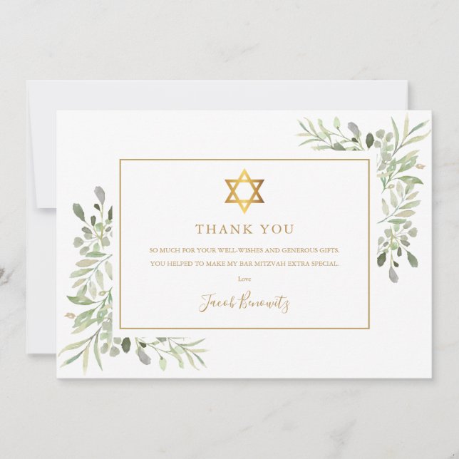 Greenery Gold Bat Bar Mitzvah Juden Dankeskarte (Vorderseite)