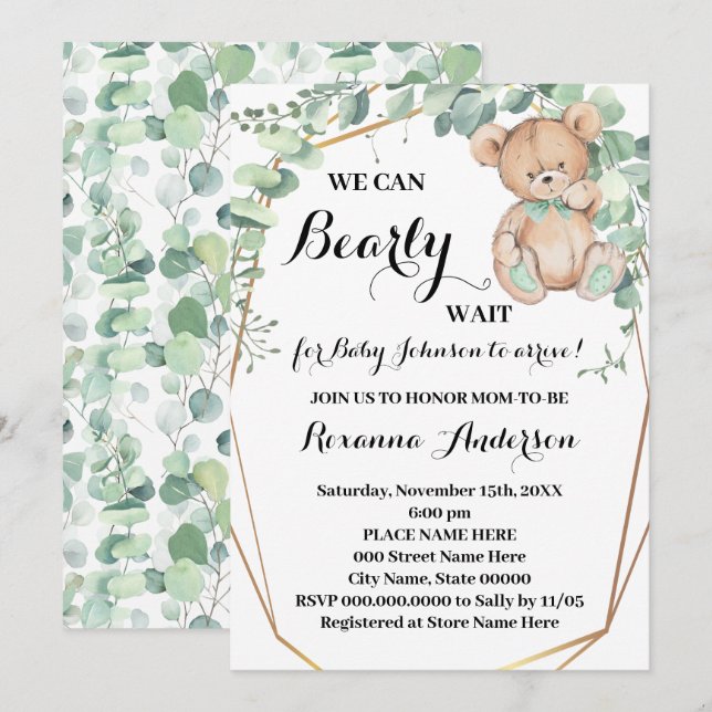 Greenery Gold Bear Baby Dusche Bearly wait Baby Einladung (Vorne/Hinten)