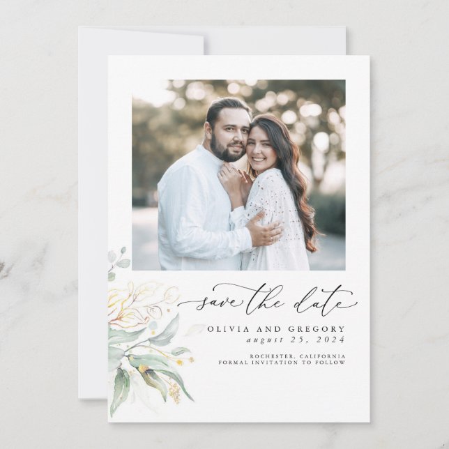 Greenery Gold Blätter Boho Save the Date Foto (Vorderseite)