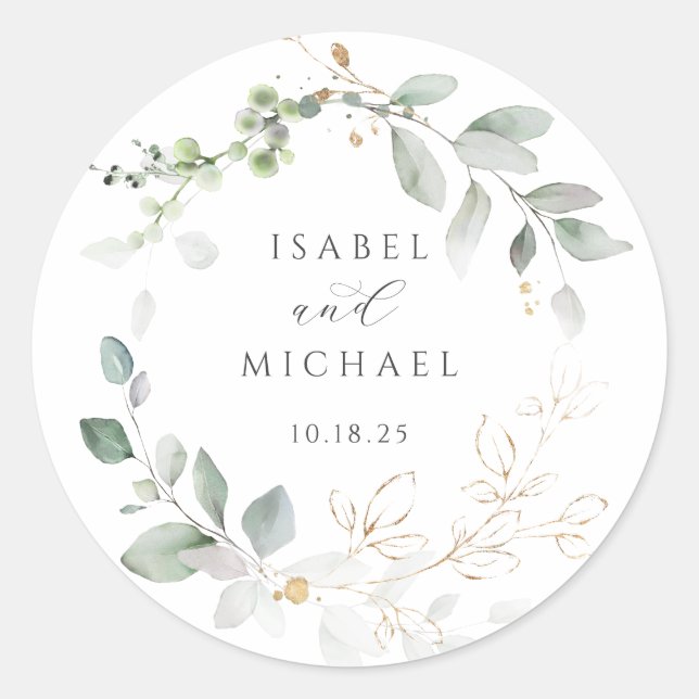 Greenery Gold Blätter Foliage Wreath Runder Aufkleber (Vorderseite)